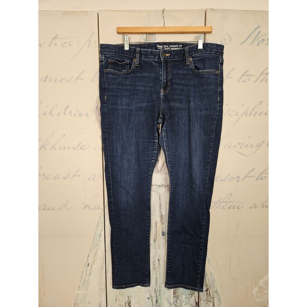 Gap Real Straight Fit Jeans 14/32R Dark Wash Blue Mid Rise Stretch Denim